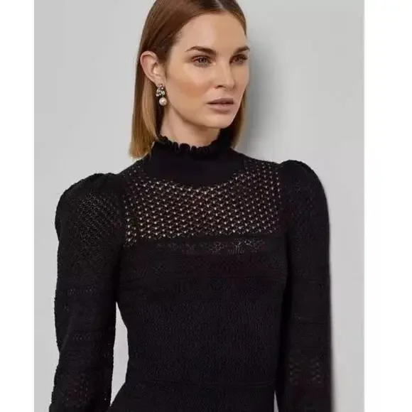 Ralph Lauren Collection Lace Puff-Sleeve Black Sweater Dress Cashmere Midi XXS 0 Ralph Lauren Collection Lace Puff-Sleeve Black Sweater Dress Cashmere Midi XXS 0